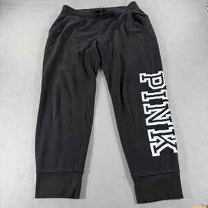 PINK Victoria Secret Joggers‎ Womens Large Black Fleece Logo Pants